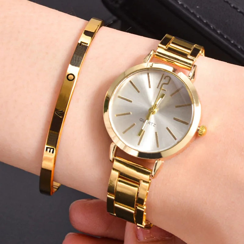 Relógio Luxury Women Fashion Gold 2 pcs